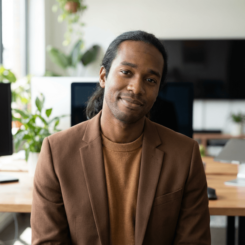 Male office administrator in his mid 30s, Black, reliable and approachable appearance suitable for dental office setting