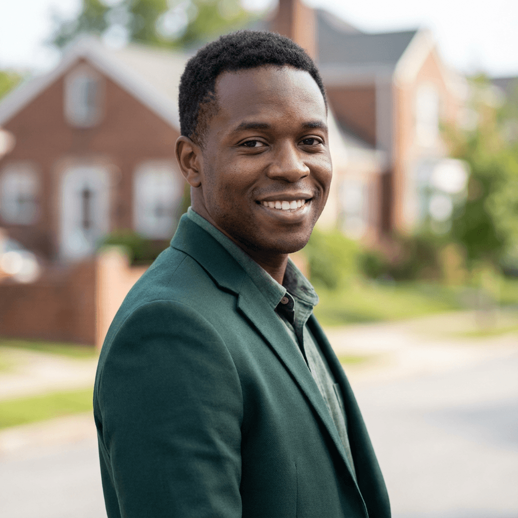 David Okonkwo smiling outside his Mission Hills rental