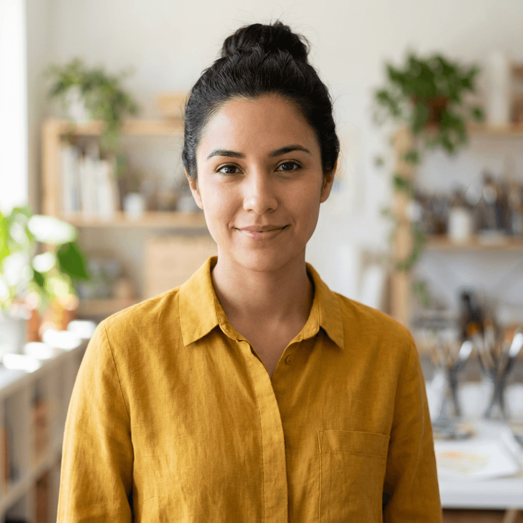 Female wellness studio owner in her late 30s, Hispanic, calm and down-to-earth demeanor suitable for wellness environment