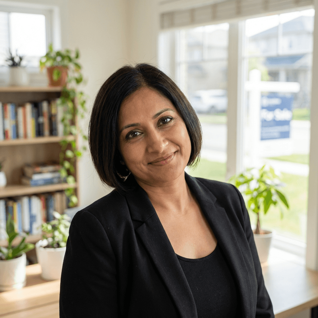 Priya Patel in a neat jacket standing by a console table