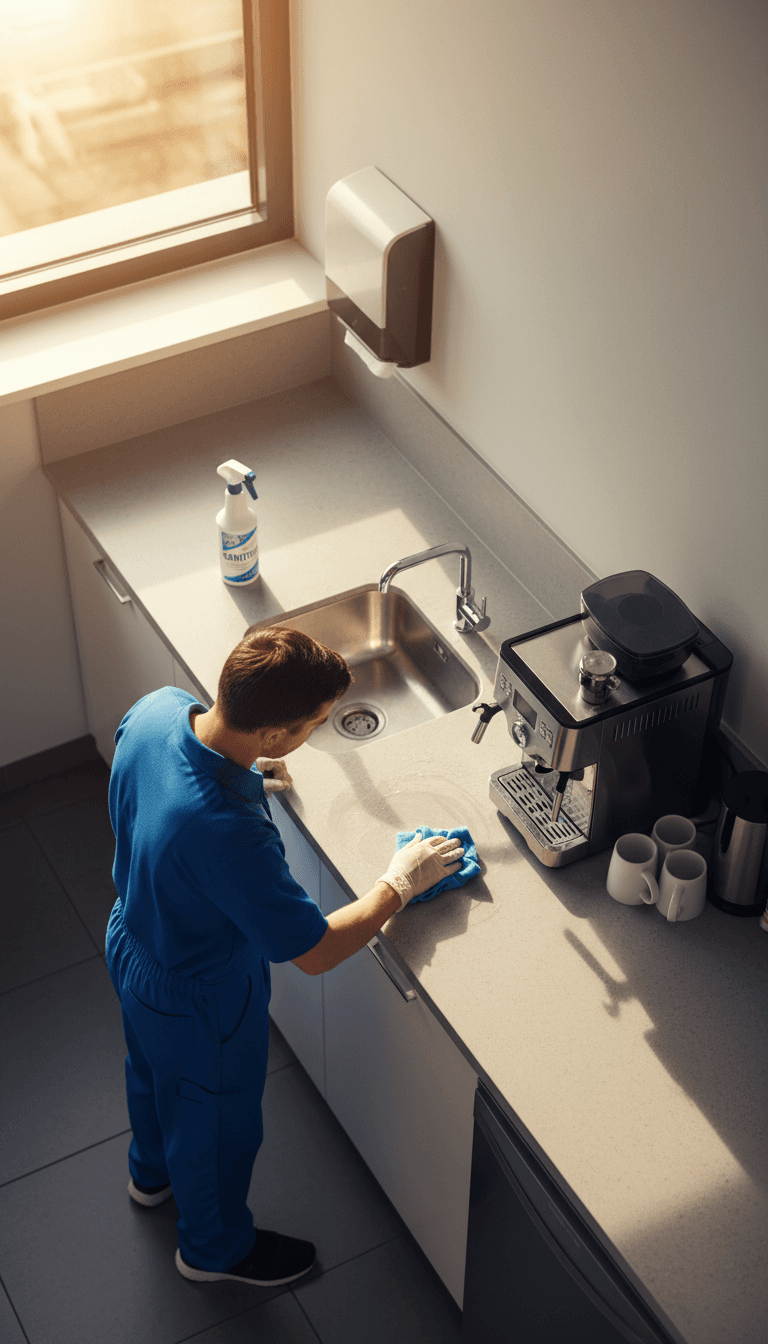 Break room counter being sanitized