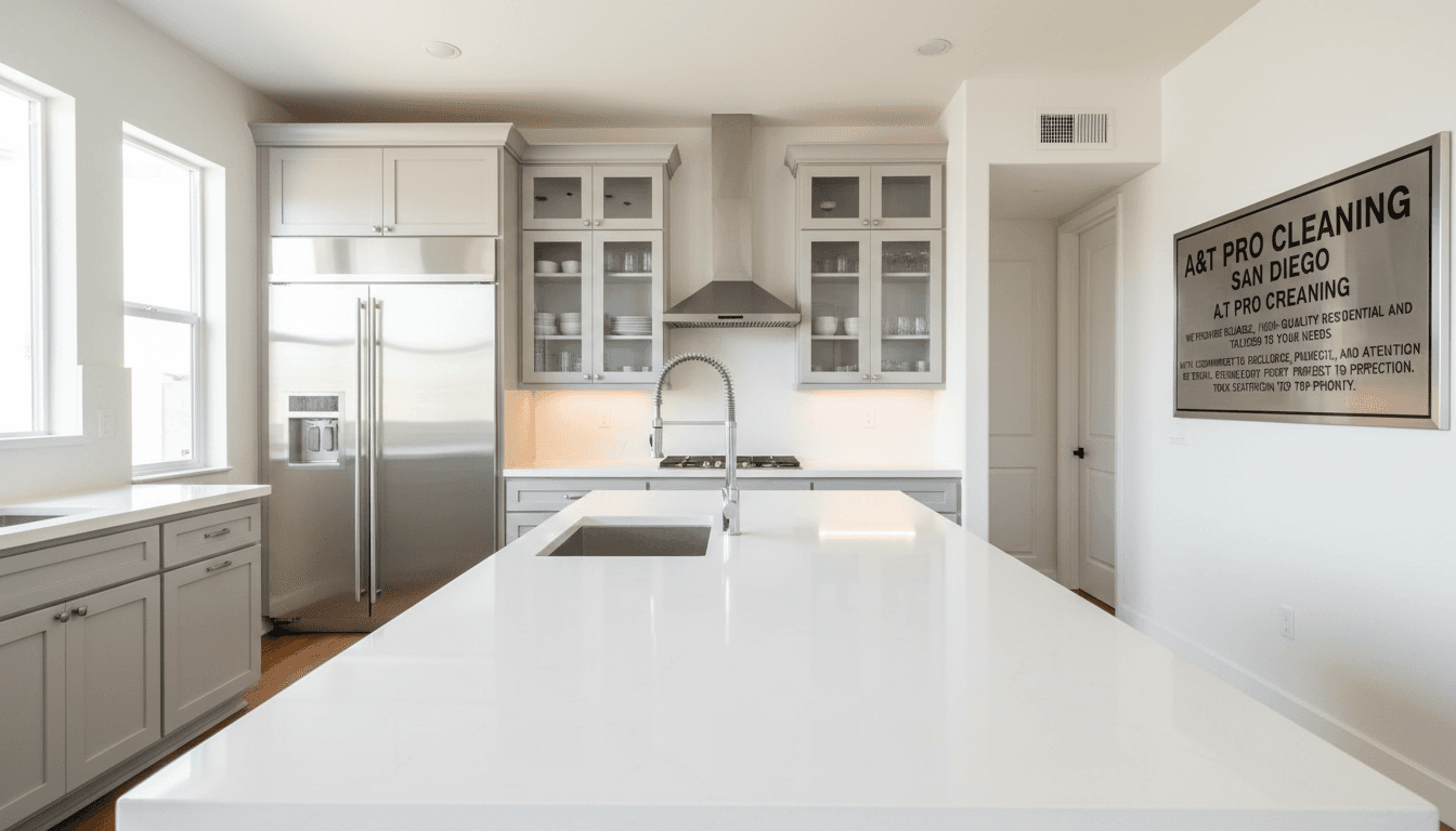 Immaculate residential kitchen with gleaming countertops, polished appliances, and organized cabinets ready for inspection