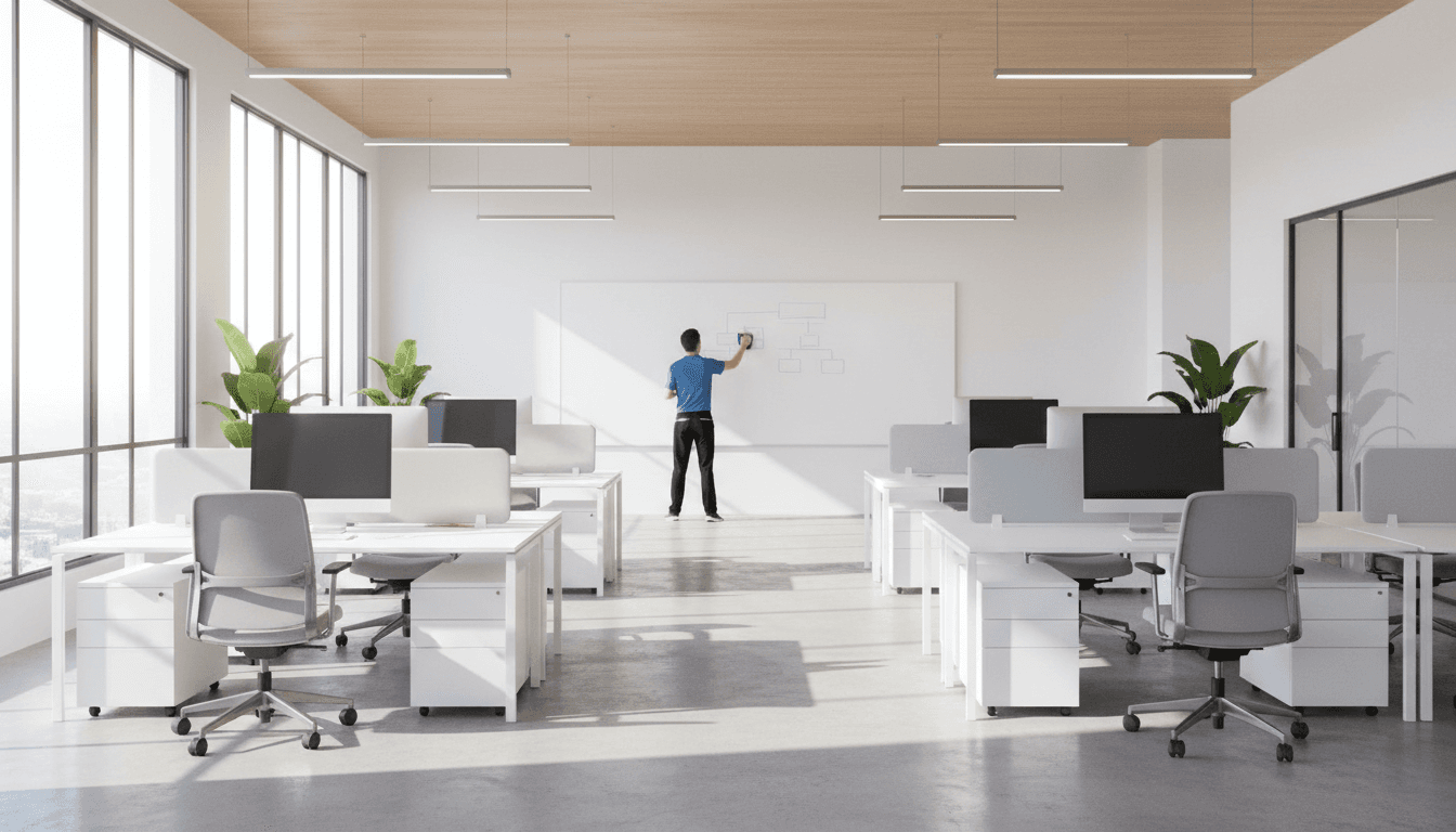 Professional cleaner in the background of a bright, spotless San Diego office space