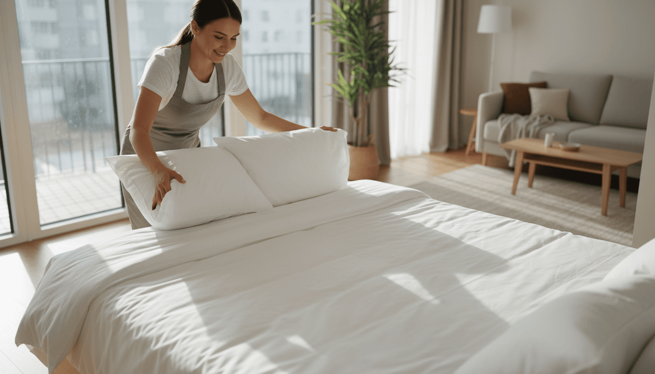 Professional cleaner preparing a bed in a bright vacation rental