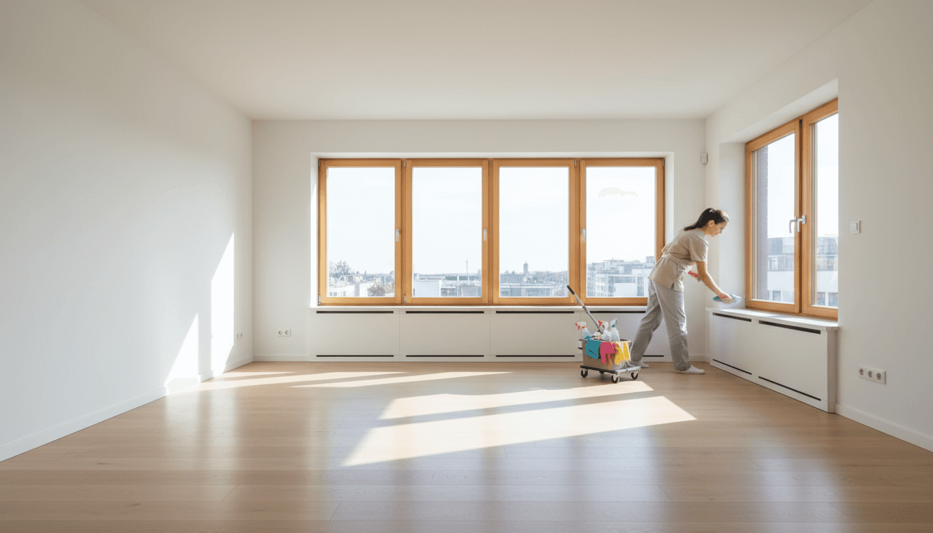 Professional cleaner wiping a window sill in a bright, empty living room