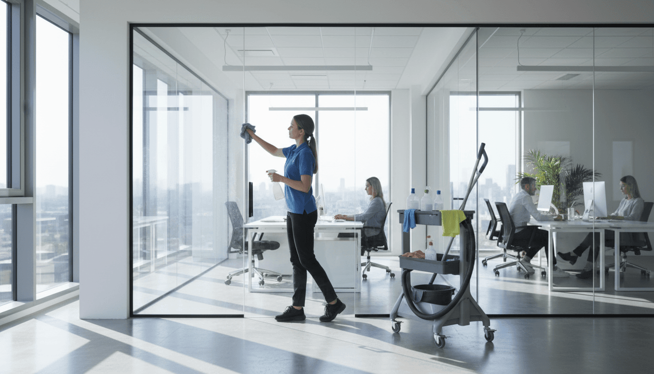 Professional cleaner wiping a glass door in a bright San Diego office