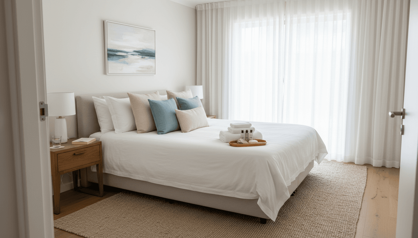 Freshly made bed in a bright, clean San Diego vacation rental