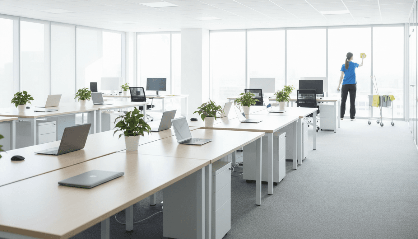Clean, organized office space with a professional cleaner at work in San Diego
