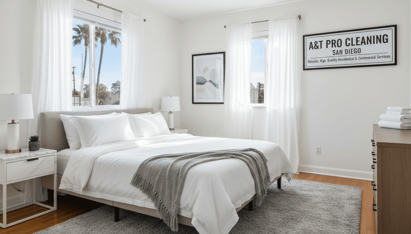 Pristine Airbnb bedroom with fresh linens, spotless surfaces, welcoming decor, and open windows