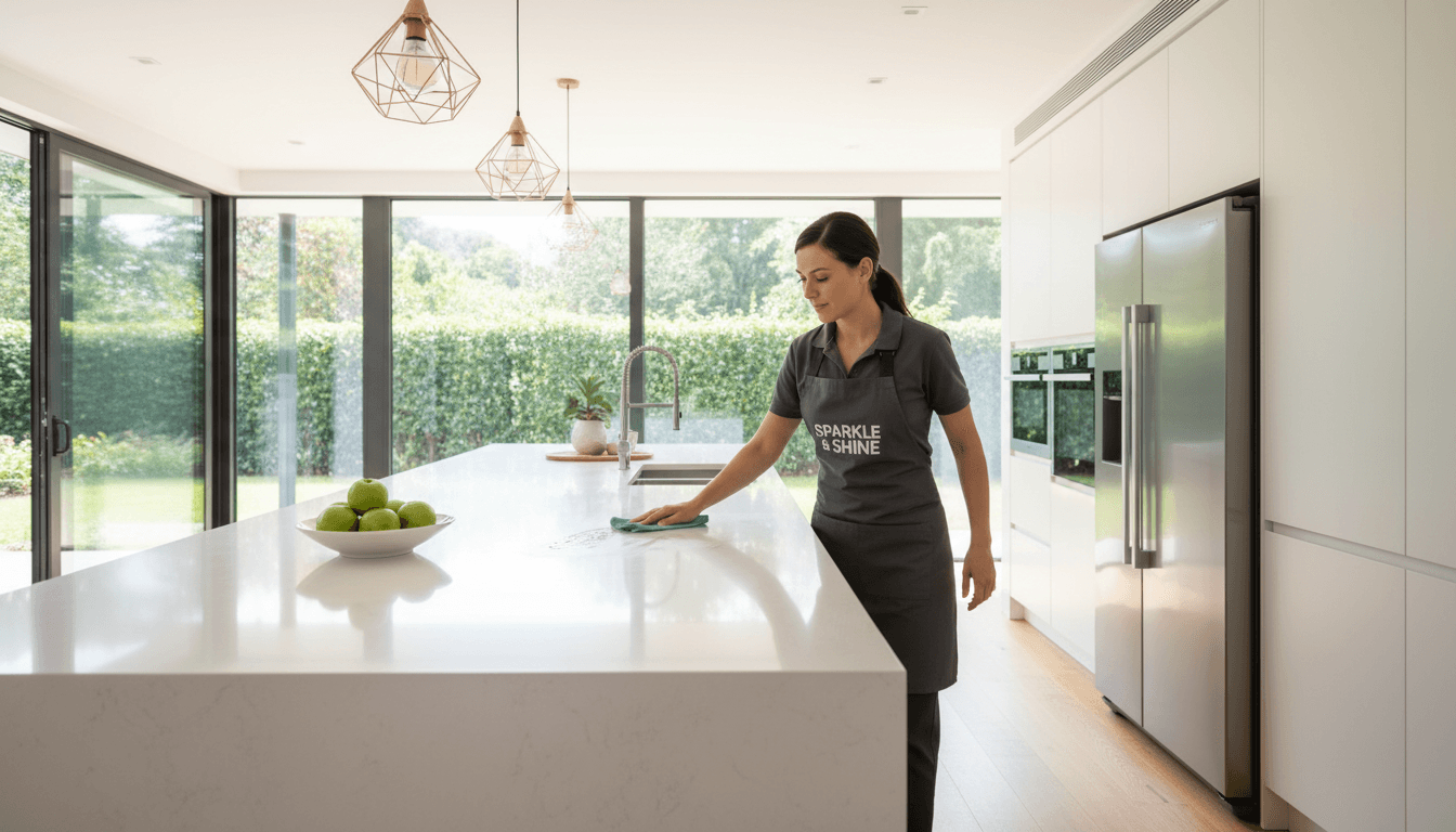 Professional cleaner wiping a kitchen counter in a bright modern home