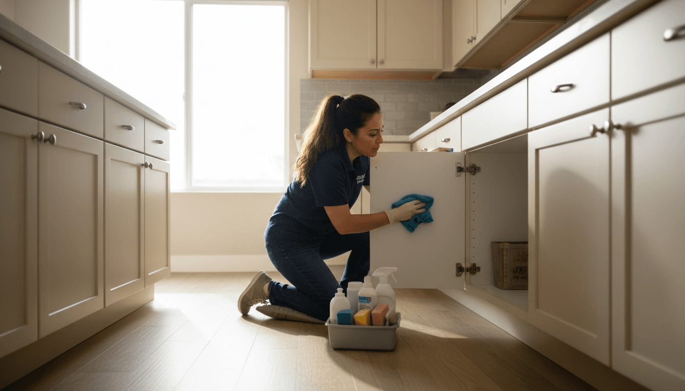 Professional cleaner wiping inside a kitchen cabinet during a deep cleaning in San Diego