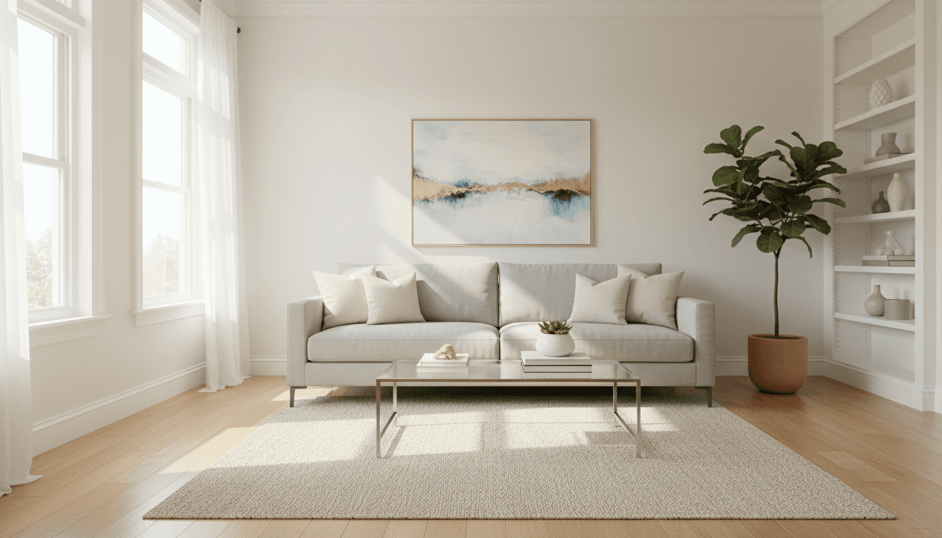 Clean, bright living room with sunlight and tidy surfaces