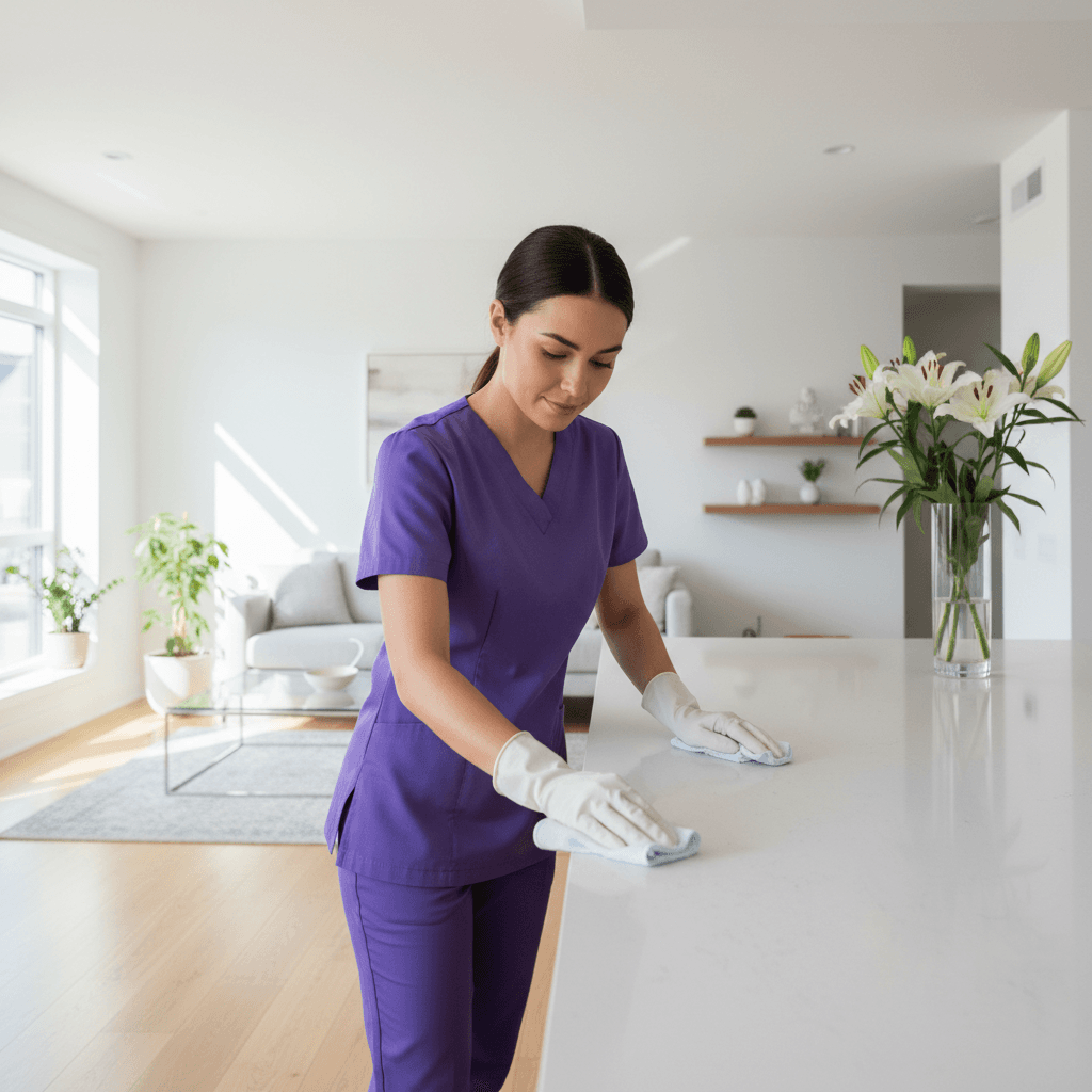 Cleaner in a violet uniform wiping a counter in a bright modern living room