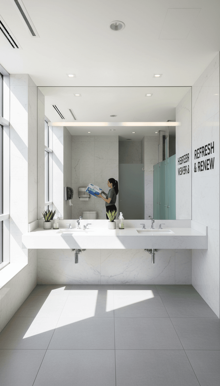 Office restroom being cleaned