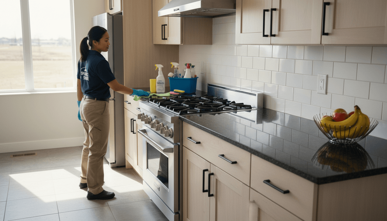 Professional cleaner wiping a kitchen counter in a bright modern home