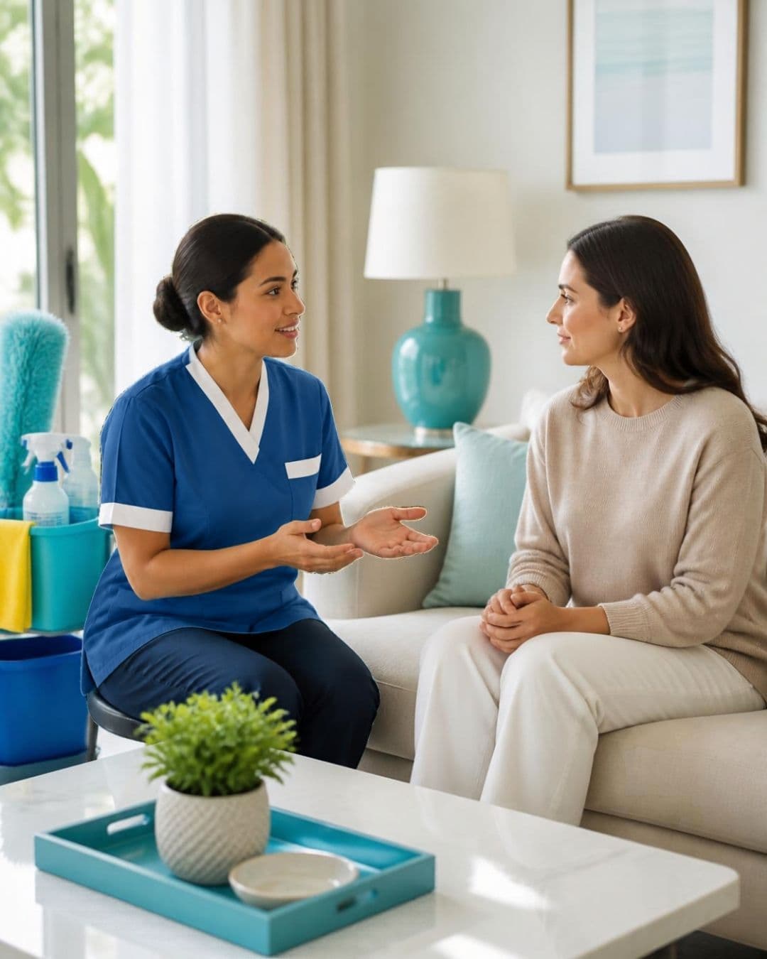 A caregiver in a blue uniform talks to a woman sitting on a sofa.