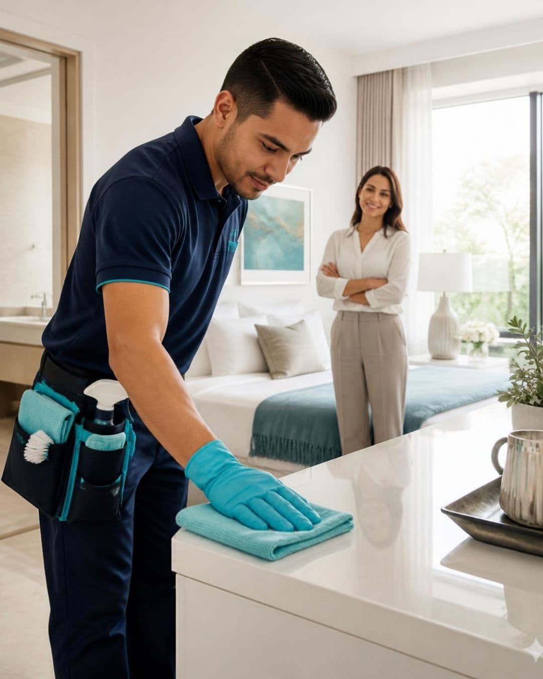 Professional cleaner wipes a white surface with a blue cloth while a smiling woman watches.