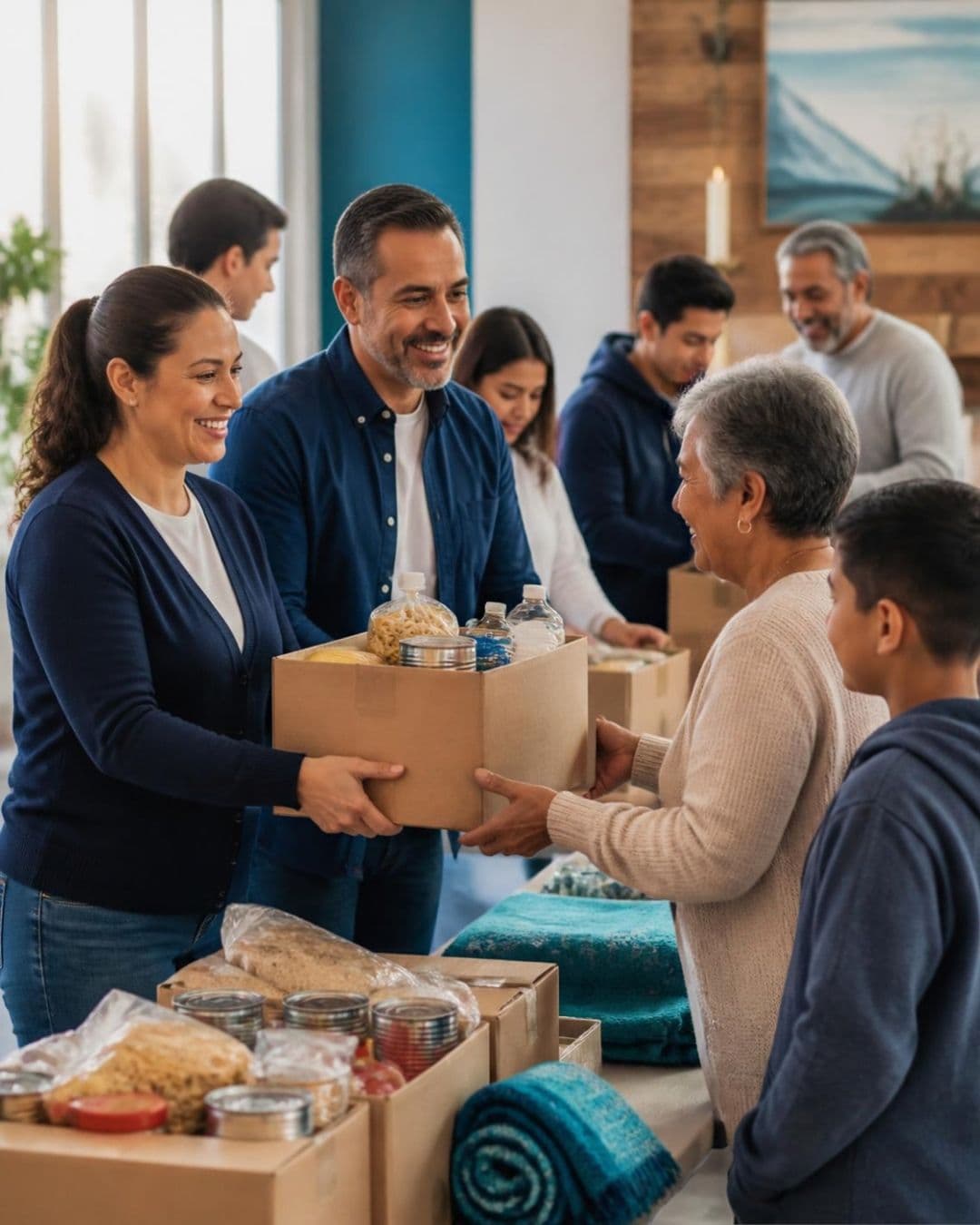 Smiling volunteers hand a box of food donations to an elderly woman at a donation center.