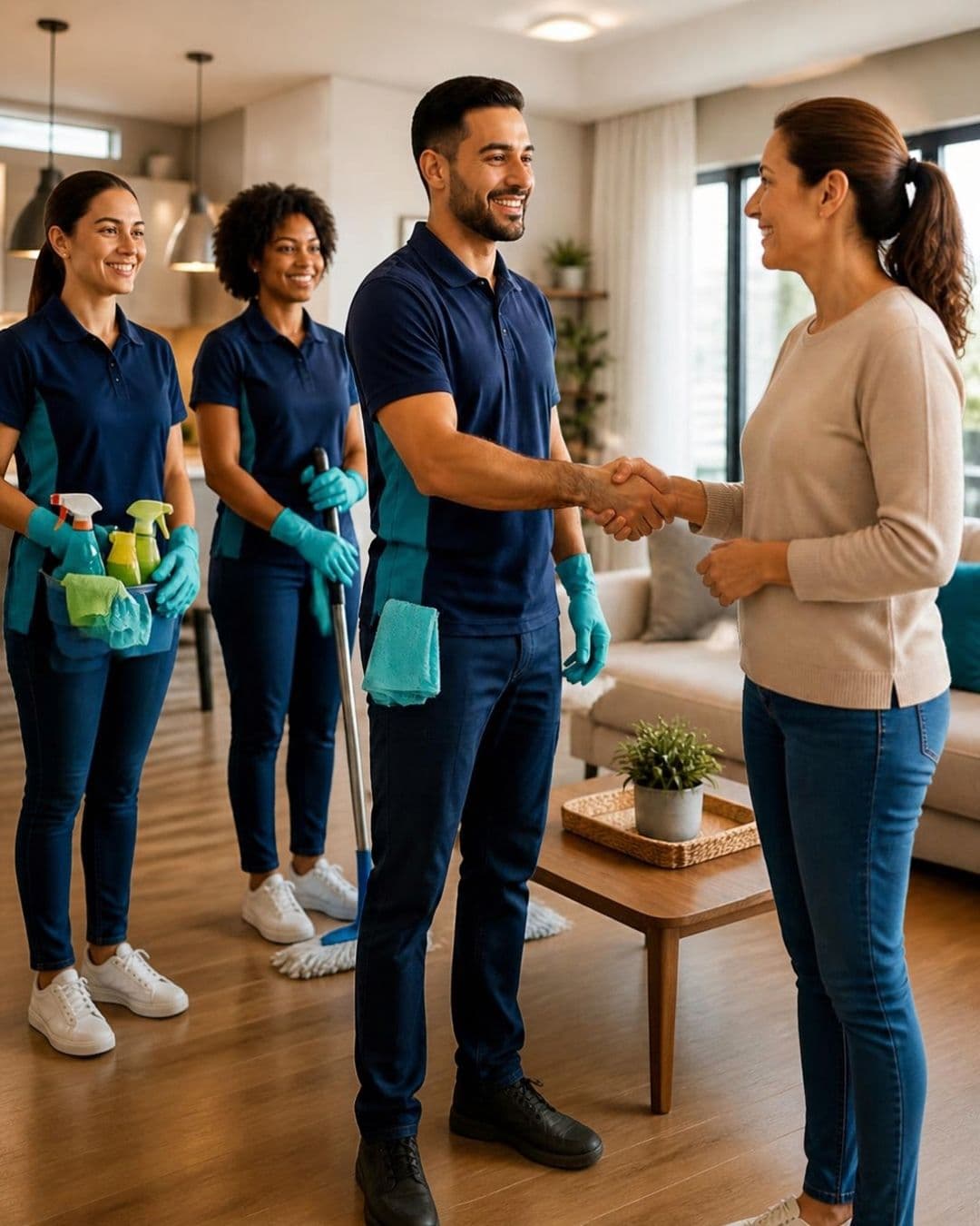 Professional cleaning crew in blue uniforms shaking hands with a smiling homeowner in her living room.