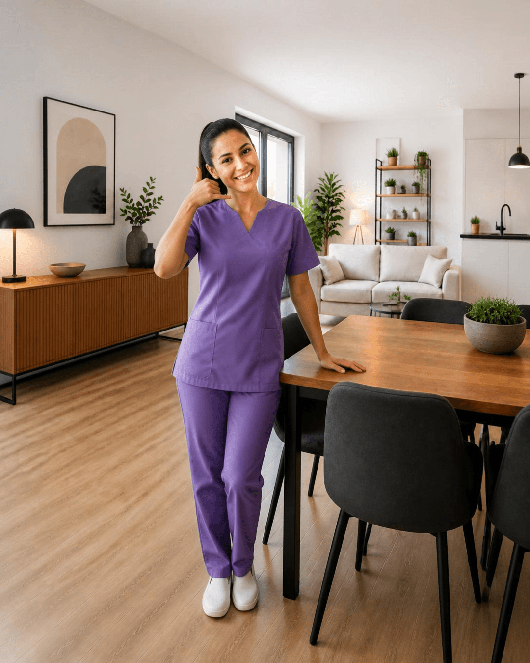 Smiling healthcare professional in purple scrubs making a call gesture in a modern living room.