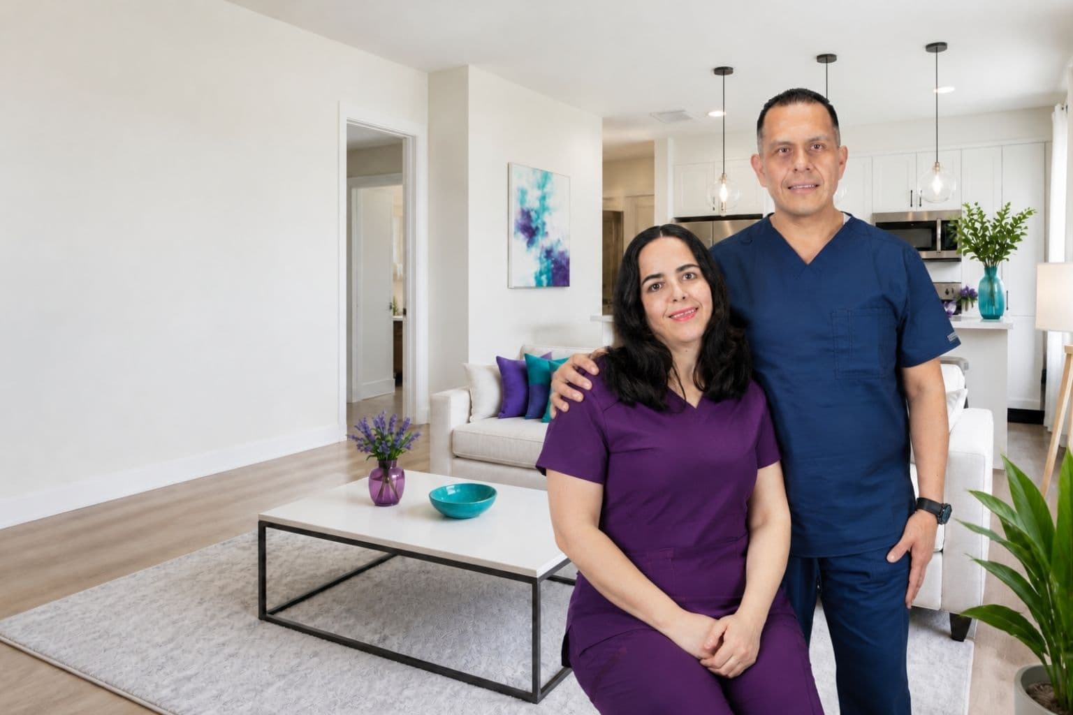 Two healthcare professionals in scrubs posing together in a bright, modern home living room.