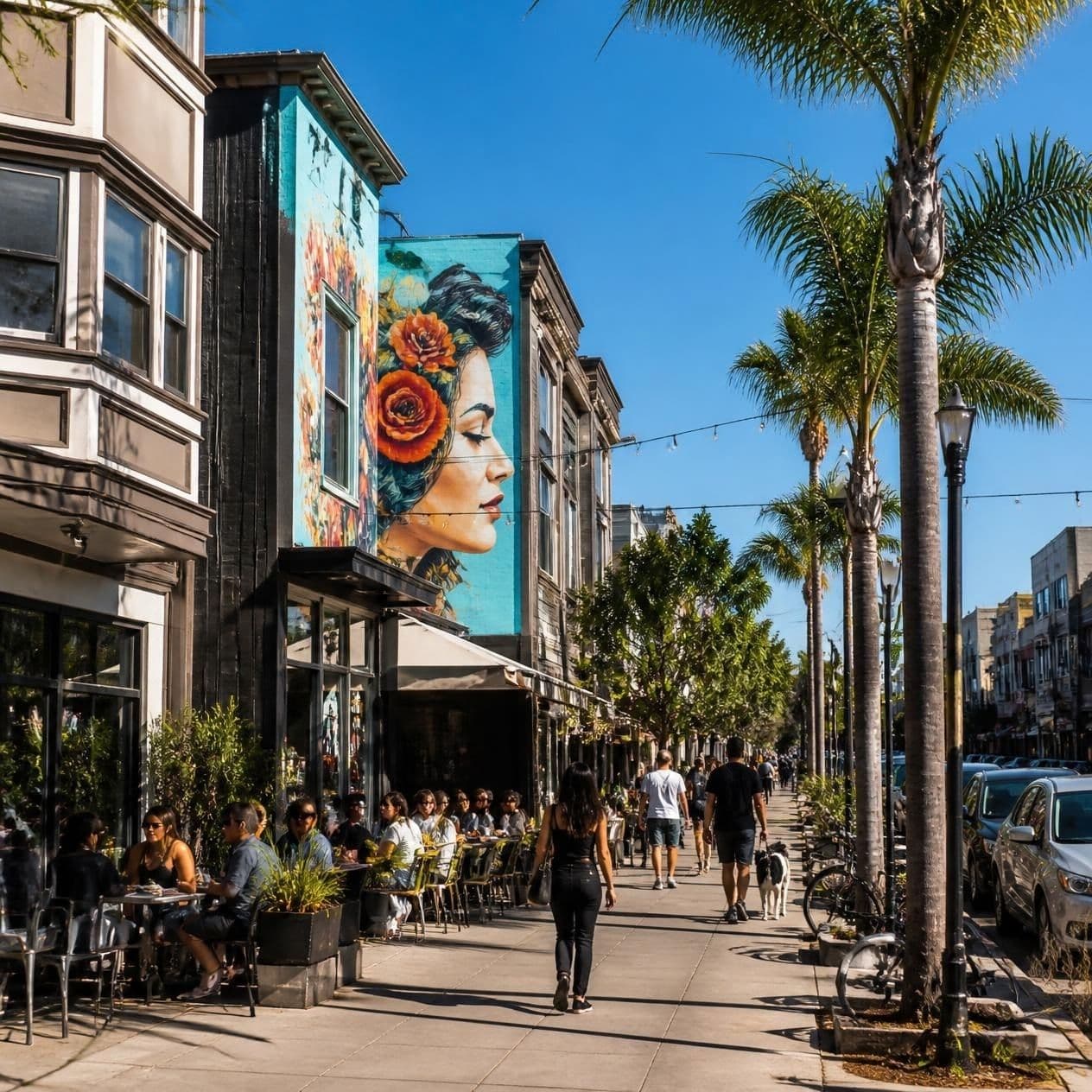 Sunny sidewalk with outdoor dining, palm trees, and a large mural of a woman.