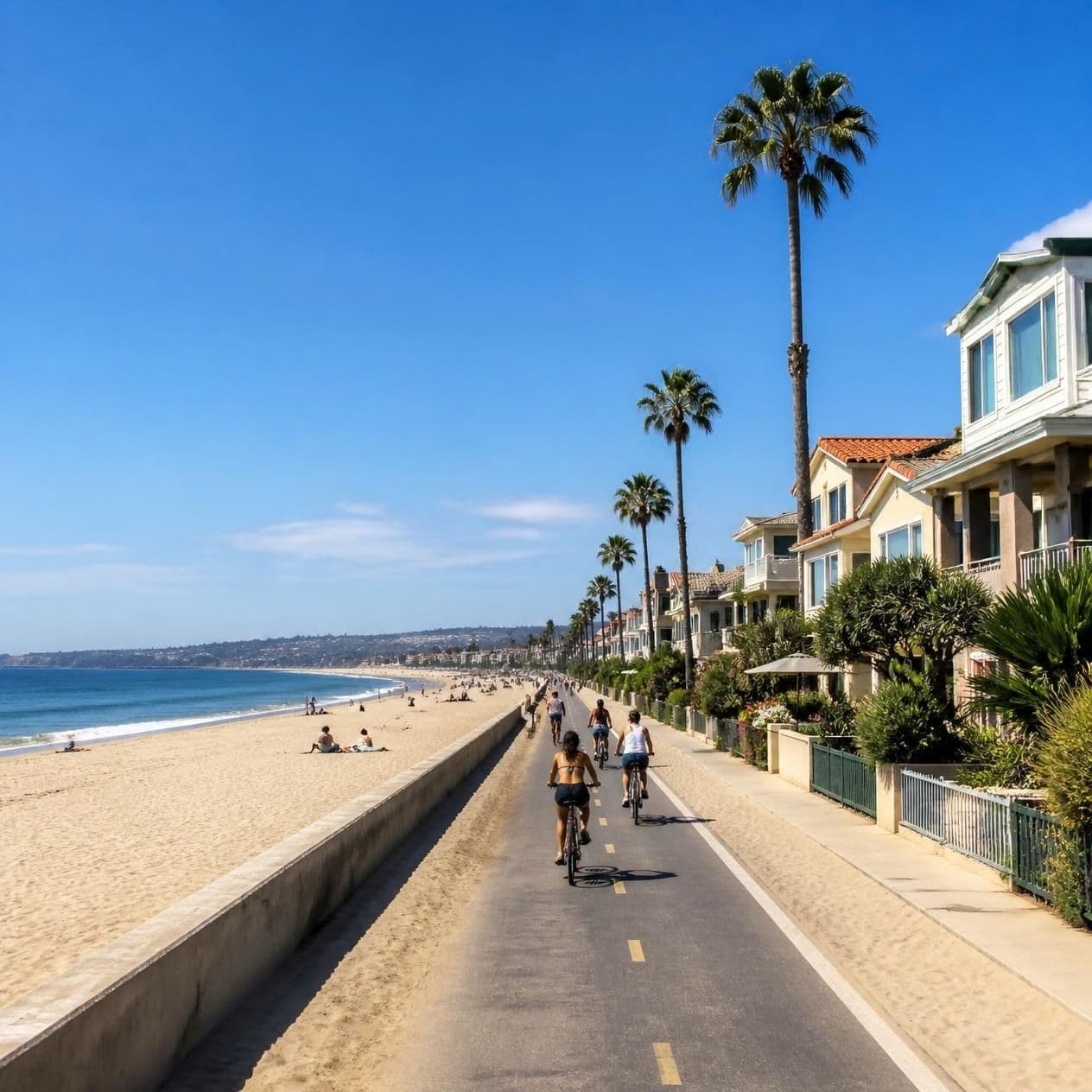 People cycling on a sunny path between a sandy beach and beachfront houses with palms.